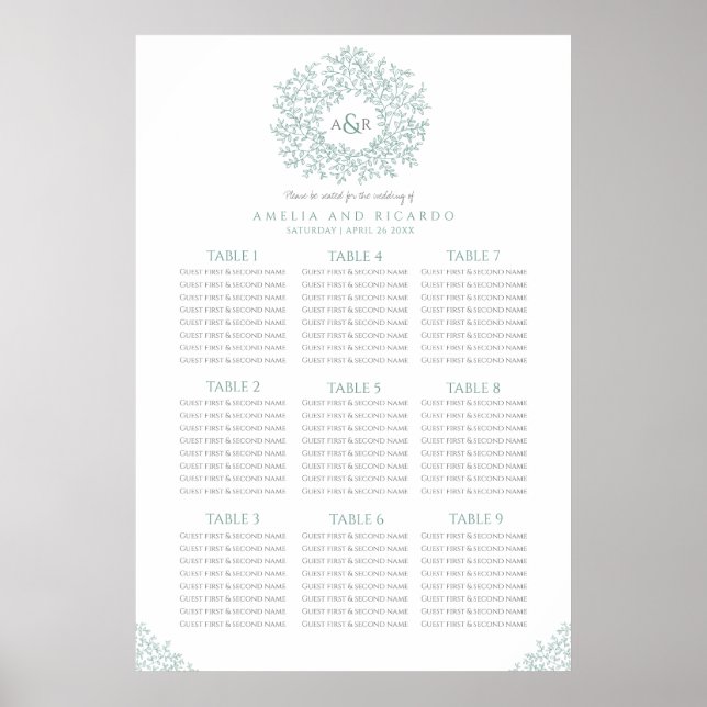 Green leaves circle wedding seating chart poster (Front)