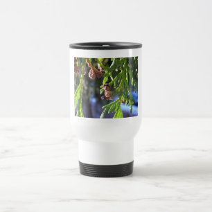 green leaves, cypress, seeds travel mug