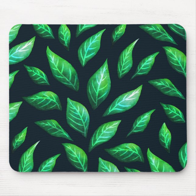 Green Leaves Dark Abstract Ink Drawn Pattern Mouse Pad (Front)