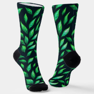 Green Leaves Dark Botanical Pattern Socks