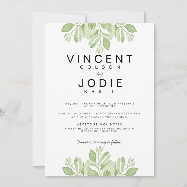 Green Leaves Duo | Watercolor Wedding Invite (Front)