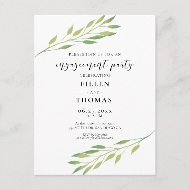 Green leaves Engagement party invitation Postcard (Front)