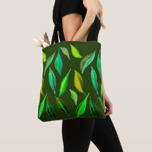 Green leaves environmental watercolor pattern tote bag
