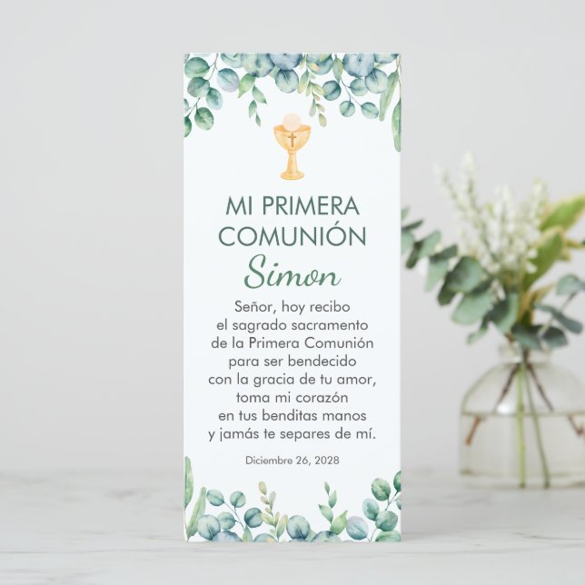 Green Leaves First Communion Bookmark in Spanish (Standing Front)