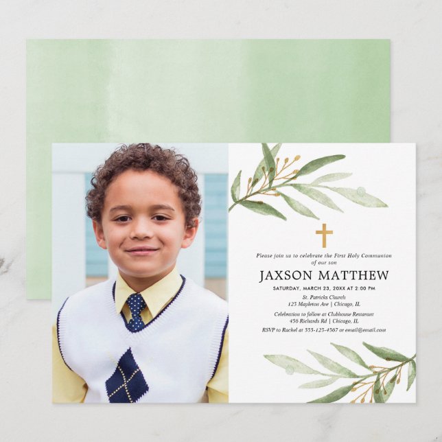 Green leaves first holy communion greenery photo invitation (Front/Back)