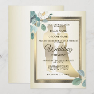 Green Leaves Flower Golden Frame Elegant Wedding Invitation