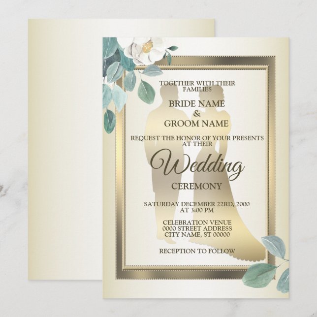 Green Leaves Flower Golden Frame Elegant Wedding Invitation (Front/Back)