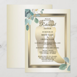 Green Leaves Flower Golden Rehearsal Dinner Party Invitation