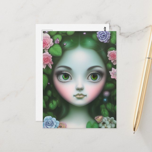 Green Leaves & Flowers Forest Girl Postcard (Front/Back In Situ)
