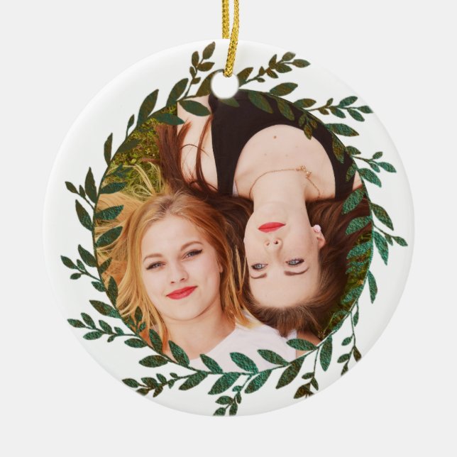 Green Leaves Foil Effect Photo Ornament (Front)