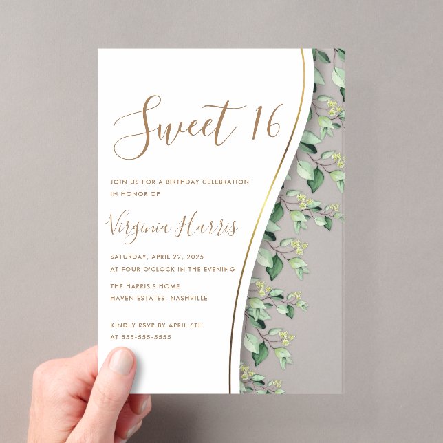 Green Leaves Foliage Sweet Sixteen 16 Birthday Acrylic Invitations (Insitu (Handheld))
