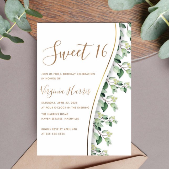 Green Leaves Foliage Sweet Sixteen 16 Birthday Invitation (Creator Uploaded)
