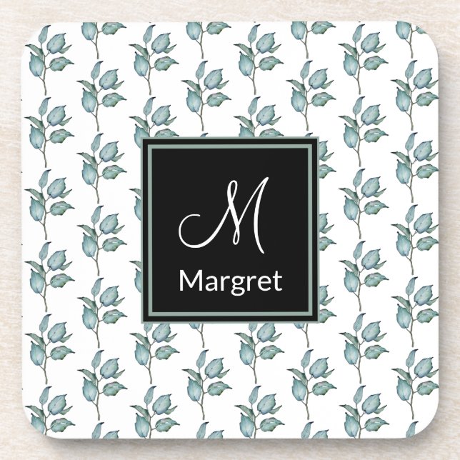 Green Leaves Garden Pattern Monogram Personalize Coaster (Front)