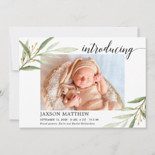 Green leaves gender neutral birth announcement