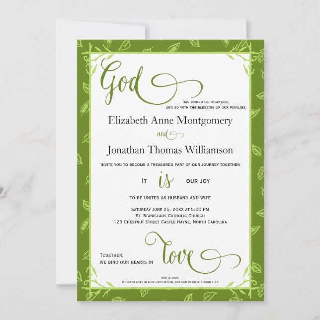Green Leaves God is Love Christian Wedding Card (Front)