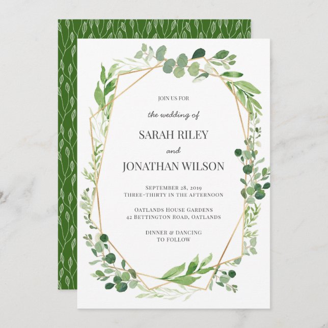 Green leaves gold Terrarium Wedding invitation (Front/Back)