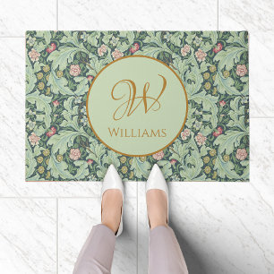Green Leaves Golden Monogram Mint Morris Pattern Doormat