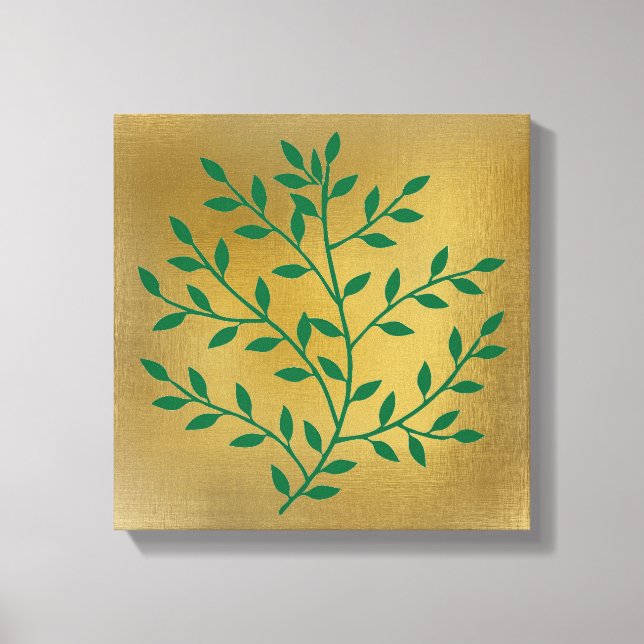 Green leaves green branch on gold canvas print (Front)