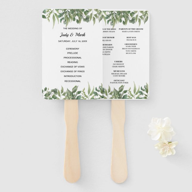 Green Leaves Greenery Foliage Wedding Program Hand Fan (Front and Back)