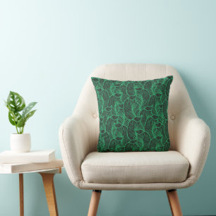 green leaves illustration pattern throw pillow