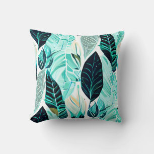 Green leaves in boho design throw pillow