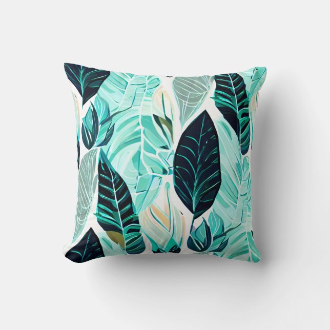 Green leaves in boho design throw pillow (Front)