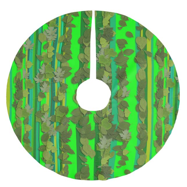 Green Leaves Leaf Stripe Pattern Christmas Holiday Brushed Polyester Tree Skirt (Front)