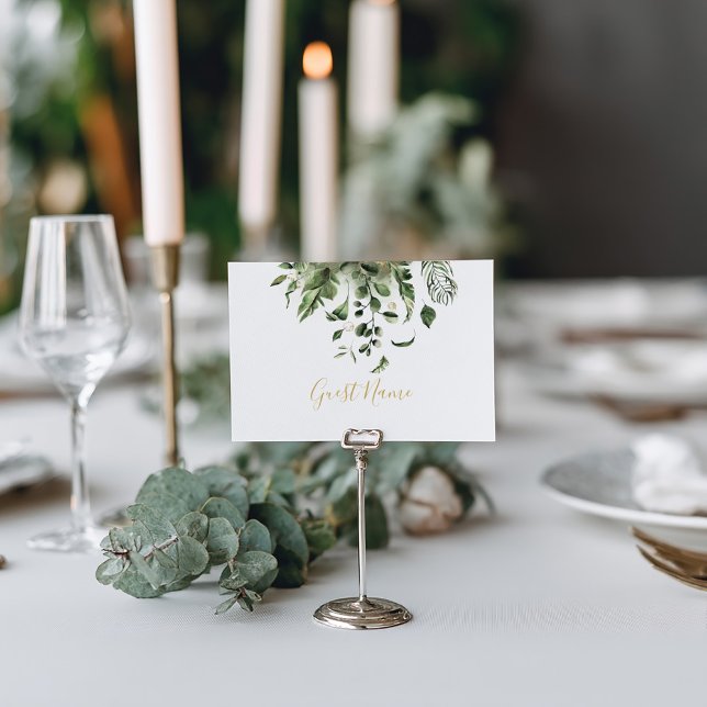 Green leaves name place card (Green Leaf Wedding Reception Guest Name Place Cards, inspired by the beauty of house plants.)