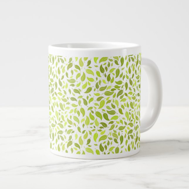 Green Leaves Nature Print, Plant Leaf Pattern Large Coffee Mug (Front Right)