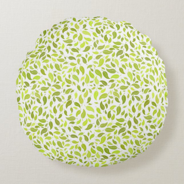Green Leaves Nature Print, Plant Leaf Pattern Round Pillow (Front)