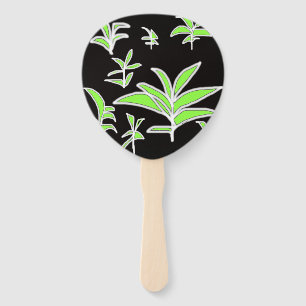 Green Leaves On Black  Hand Fan