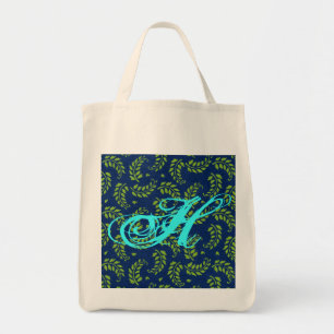 Green Leaves on Blue Grocery Tote w/ Aqua Initial Bag