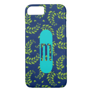 Green Leaves on Blue with Aqua Monogram Samsung or Case-Mate iPhone Case