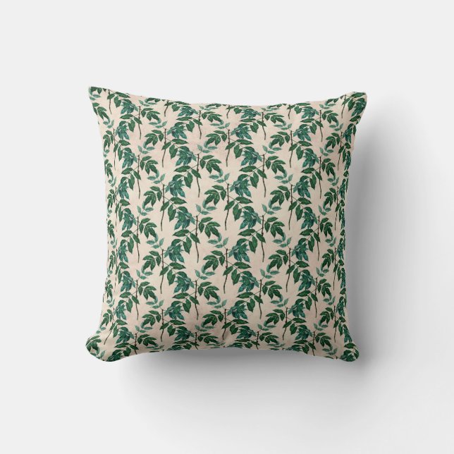 Green Leaves on Tan Throw Pillow (Front)