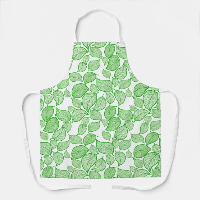 Green Leaves on White All-Over Print Apron (Front)