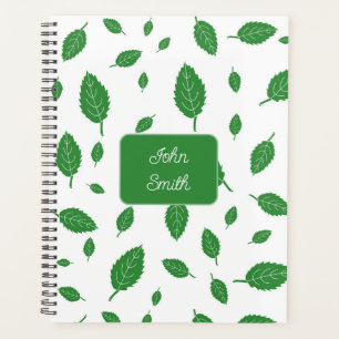 Green Leaves on White_ Floral Pattern Script Planner