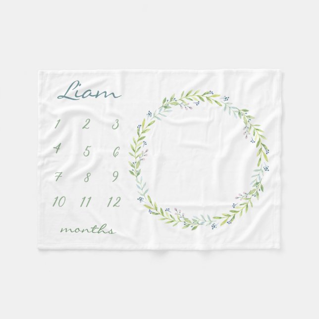 Green leaves Personalized Baby Milestone Photo Fle Fleece Blanket (Front (Horizontal))