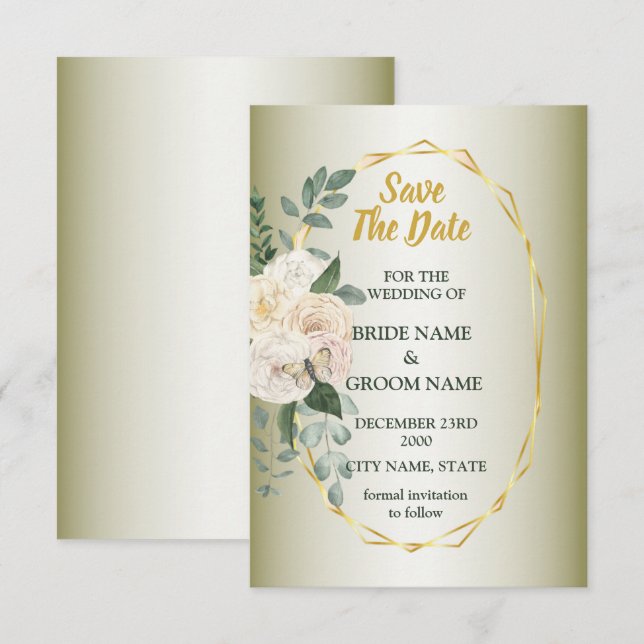 Green Leaves Pink Floral Golden Geometric Wedding Save The Date (Front/Back)