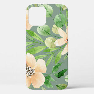 Green Leaves, Pink Flowers: Watercolor. iPhone 12 Case
