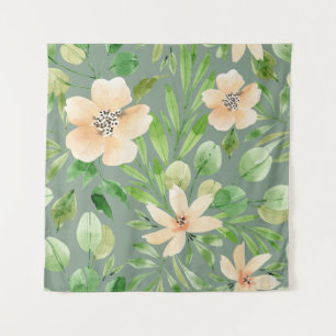 Green Leaves, Pink Flowers: Watercolor. Tapestry