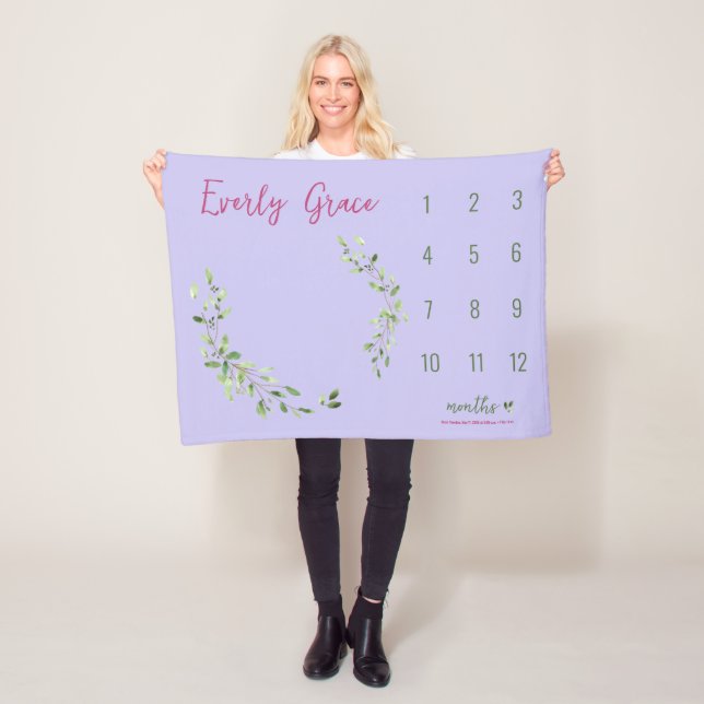 Green Leaves purple Custom Baby girl milestone  Fleece Blanket (In Situ)