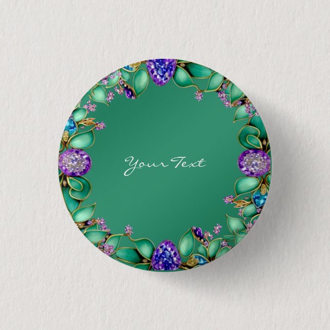Green Leaves Purple Gemstones Pinback Button (Front)