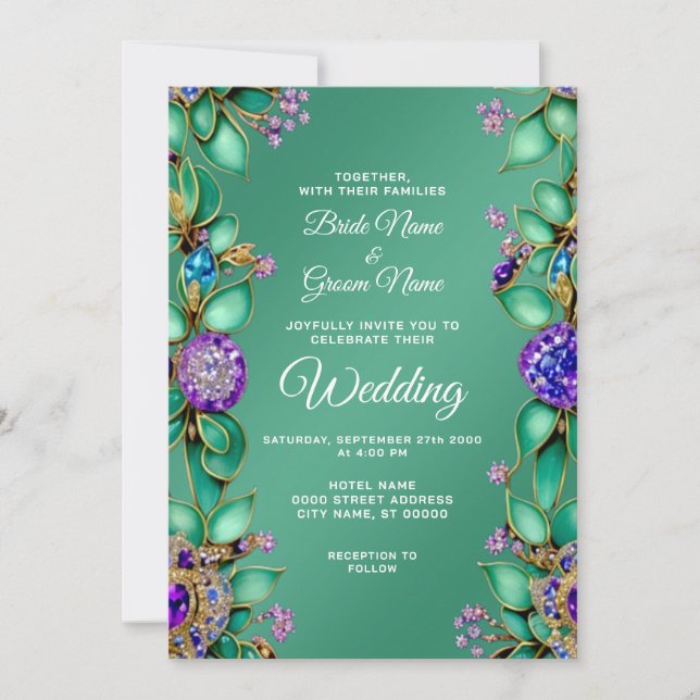 Green Leaves Purple Gemstones Wedding Invitation (Front)