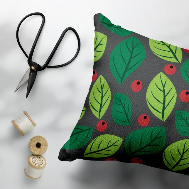 Green Leaves, Red Berries, Pattern Of Leaves Accent Pillow (Creator Uploaded)