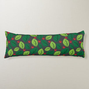 Green Leaves, Red Berries, Pattern Of Leaves Body Pillow