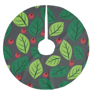 Green Leaves, Red Berries, Pattern Of Leaves Brushed Polyester Tree Skirt