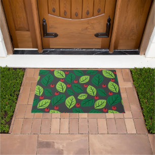 Green Leaves, Red Berries, Pattern Of Leaves Doormat