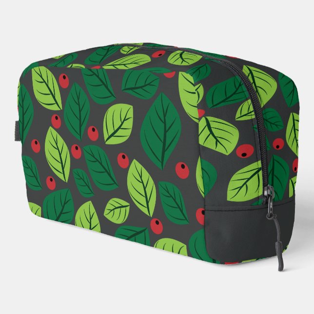 Green Leaves, Red Berries, Pattern Of Leaves Dopp Kit (Right Corner)