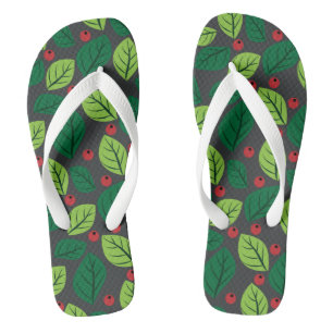 Green Leaves, Red Berries, Pattern Of Leaves Flip Flops