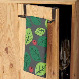 Green Leaves, Red Berries, Pattern Of Leaves Kitchen Towel